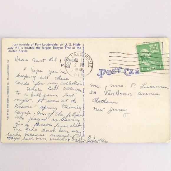 Vintage 1946 Linen Postcard 2 Million Dollar Banyan Tree Fort Lauderdale Florida - Picture 2 of 2